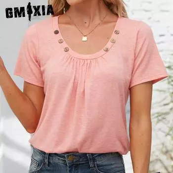 GMXIA женские модные повседневные летние однотонные блузки и рубашки с короткими рукавами с застежкой и U-образным вырезом S розовый