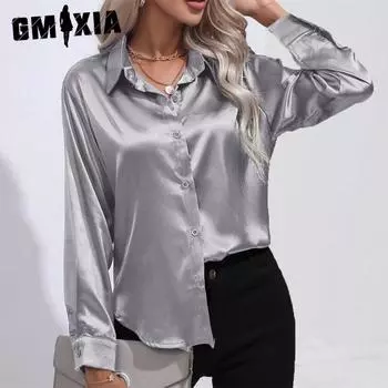 GMXIA женские модные повседневные летние однотонные блузки и рубашки с длинным рукавом с принтом POLONeck S темно-серого