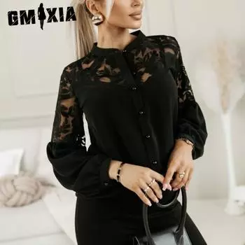 GMXIA женские модные повседневные летние однотонные блузки и рубашки с длинными рукавами с принтом S чёрный