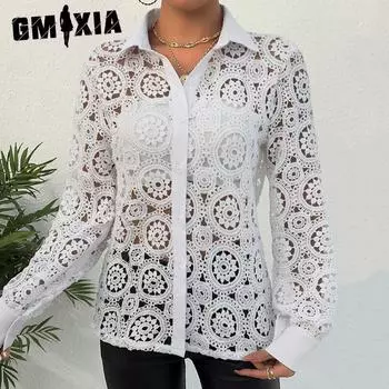 GMXIA женские модные повседневные летние однотонные блузки и рубашки с длинными рукавами и воротником-поло с принтом S белый