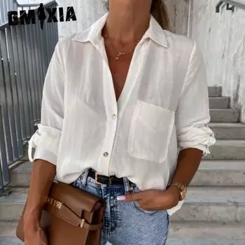 GMXIA женские модные повседневные летние однотонные блузки и рубашки с длинными рукавами и воротником-поло с принтом S серый