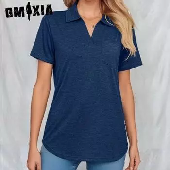 GMXIA женские модные повседневные летние однотонные блузки и рубашки с v-образным вырезом и короткими рукавами с принтом S белый