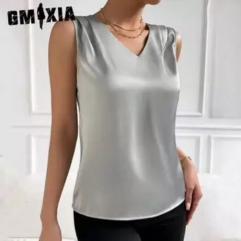 GMXIA женские модные повседневные летние однотонные блузки и рубашки без рукавов с v-образным вырезом и принтом S серый