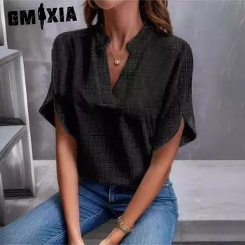 GMXIA женские модные повседневные летние однотонные блузки и рубашки с v-образным вырезом и короткими рукавами с принтом S чёрный