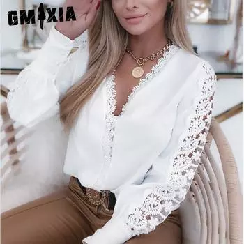 GMXIA женские модные повседневные летние однотонные блузки и рубашки с v-образным вырезом и длинными рукавами с принтом