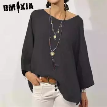 GMXIA Женские модные повседневные летние однотонные блузки и рубашки с круглым вырезом и длинными рукавами с принтом S чёрный