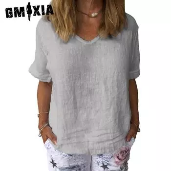 GMXIA женские модные повседневные летние однотонные блузки и рубашки с v-образным вырезом и короткими рукавами с принтом S серый