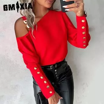 GMXIA женские модные повседневные летние однотонные блузки и рубашки с длинными рукавами с принтом S чёрный