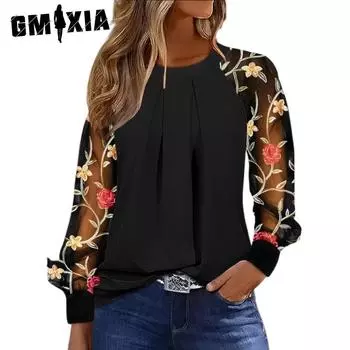 GMXIA Женские модные повседневные летние однотонные блузки и рубашки с круглым вырезом и длинными рукавами с принтом S чёрный