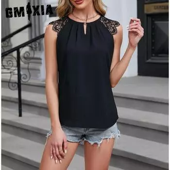 GMXIA Женские модные повседневные летние однотонные блузки и рубашки с короткими рукавами и круглым вырезом с принтом S чёрный