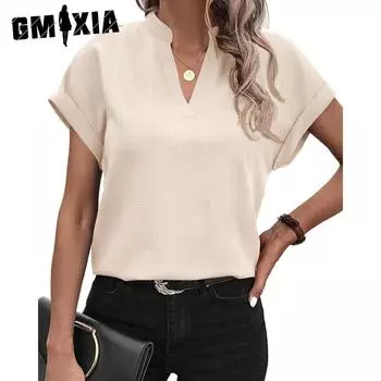 GMXIA женские модные повседневные летние однотонные блузки и рубашки с v-образным вырезом и короткими рукавами с принтом S зелёный