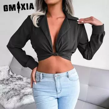 GMXIA женские модные повседневные летние однотонные блузки с длинными рукавами и воротником, тонкие укороченные топы с завязками, рубашки