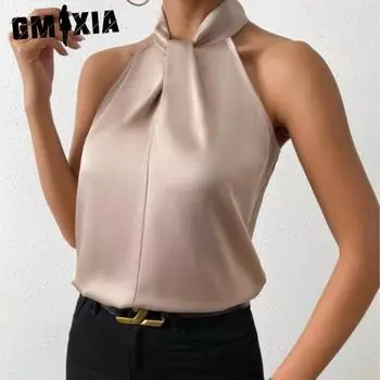 GMXIA Женские модные повседневные летние однотонные блузки и рубашки без рукавов с принтом