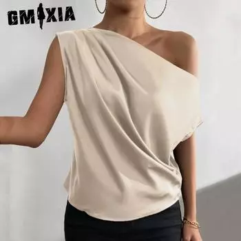 GMXIA Женские модные повседневные летние однотонные блузки и рубашки без рукавов с принтом S чёрный