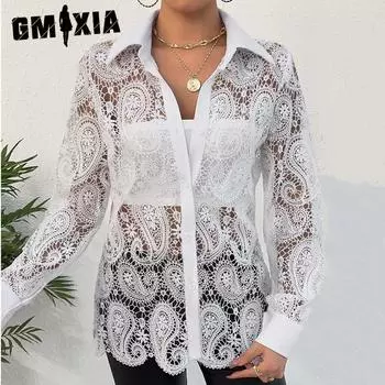 GMXIA женские модные повседневные летние однотонные блузки и рубашки с длинными рукавами и воротником-поло с принтом