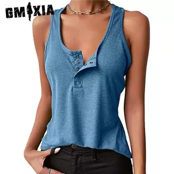 GMXIA женские модные повседневные летние однотонные блузки и рубашки без рукавов с круглым вырезом и принтом