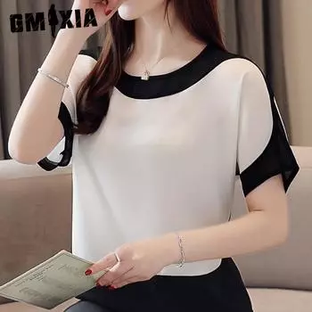 GMXIA женские модные повседневные летние однотонные блузки и рубашки с короткими рукавами и круглым вырезом M белый