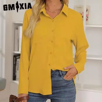 GMXIA женские модные повседневные летние однотонные блузки и рубашки с длинными рукавами и лацканами с принтом S белый