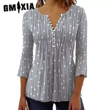GMXIA женские модные повседневные летние однотонные блузки и рубашки с v-образным вырезом и длинными рукавами с принтом S зелёный