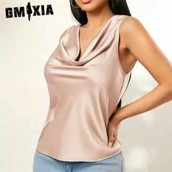 GMXIA женские модные повседневные летние однотонные блузки и рубашки без рукавов с v-образным вырезом и принтом XS чёрный