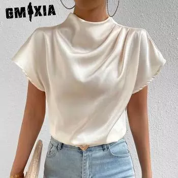 GMXIA Женские модные повседневные летние однотонные блузки и рубашки с короткими рукавами и воротником-стойкой с короткими рукавами