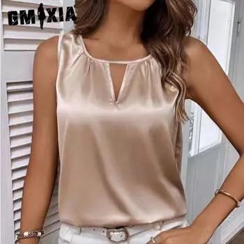 GMXIA Женские модные повседневные летние однотонные блузки и рубашки без рукавов с принтом S зелёный