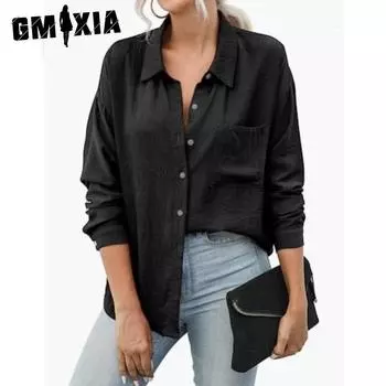 GMXIA женские модные повседневные летние однотонные блузки и рубашки с длинными рукавами и воротником-поло с принтом S белый