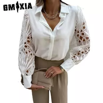 GMXIA женские модные повседневные летние однотонные блузки и рубашки с длинными рукавами и воротником-поло с принтом S белый