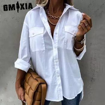 GMXIA женские модные повседневные летние однотонные блузки и рубашки с длинными рукавами и воротником-поло с принтом S чёрный