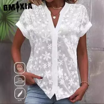 GMXIA женские модные повседневные летние однотонные блузки и рубашки с короткими рукавами и воротником-поло с принтом S