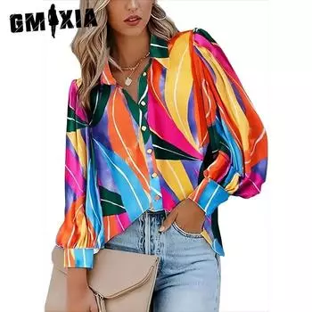 GMXIA женские модные повседневные летние однотонные блузки и рубашки с длинными рукавами и воротником-поло с принтом S разноцветный