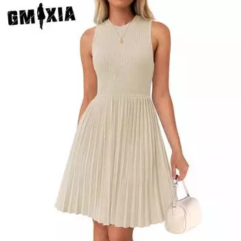 GMXIA женские модные повседневные летние однотонные блузки и рубашки без рукавов с круглым вырезом и принтом S бежевый