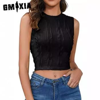 GMXIA Женские модные повседневные летние однотонные блузки и рубашки с короткими рукавами и круглым вырезом с принтом S чёрный