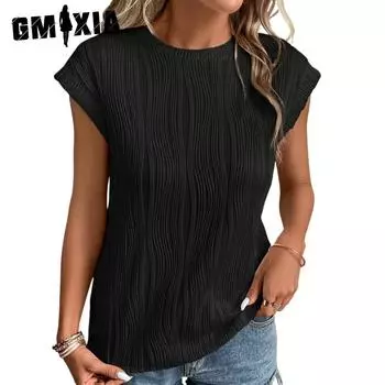 GMXIA Женские модные повседневные летние однотонные блузки и рубашки с короткими рукавами и круглым вырезом с принтом S чёрный