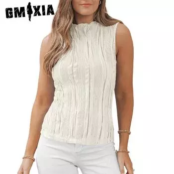 GMXIA женские модные повседневные летние однотонные блузки и рубашки без рукавов с полуводолазкой и принтом S чёрный