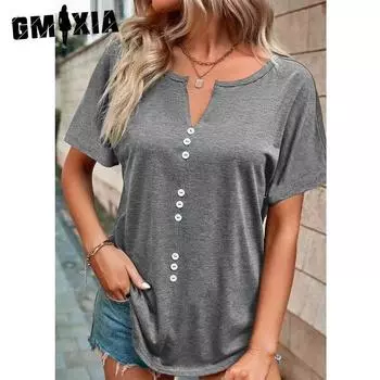 GMXIA женские модные повседневные летние однотонные блузки и рубашки с v-образным вырезом и короткими рукавами с принтом S зелёный