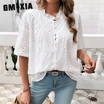 GMXIA Женские модные повседневные летние однотонные блузки и рубашки с короткими рукавами и круглым вырезом с принтом S белый