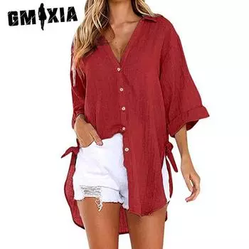 GMXIA женские модные повседневные летние однотонные блузки с v-образным вырезом и длинными рукавами с принтом и свободные рубашки S белый