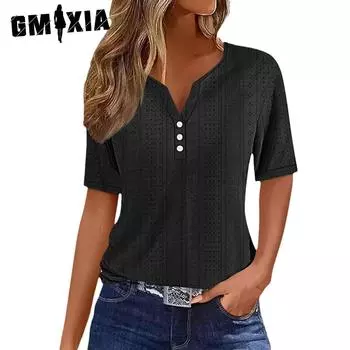 GMXIA женские модные повседневные летние однотонные блузки и рубашки с v-образным вырезом и короткими рукавами с принтом S белый