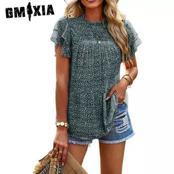 GMXIA Женские модные повседневные летние однотонные блузки и рубашки с короткими рукавами и круглым вырезом с принтом S чёрный