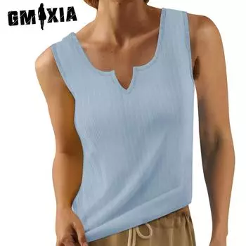 GMXIA женские модные повседневные летние однотонные блузки и рубашки без рукавов с v-образным вырезом и принтом S чёрный