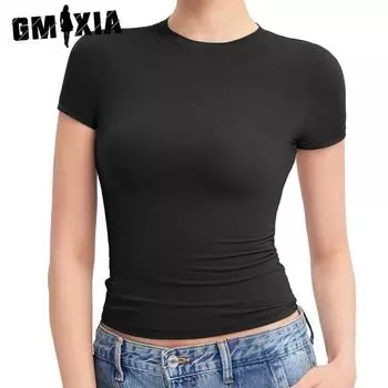 GMXIA Женские модные повседневные летние однотонные блузки и рубашки с короткими рукавами и круглым вырезом с принтом S чёрный