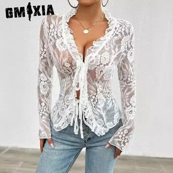 GMXIA женские модные повседневные летние однотонные блузки и рубашки с v-образным вырезом и длинными рукавами с принтом S белый