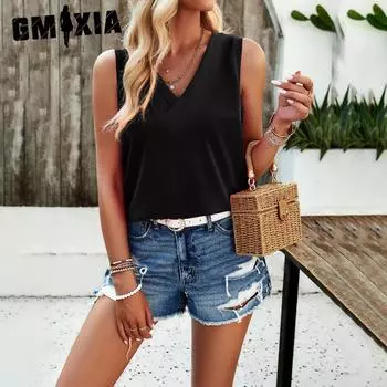 GMXIA женские модные повседневные летние однотонные блузки и рубашки без рукавов с v-образным вырезом и принтом S белый