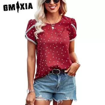 GMXIA Женские модные повседневные летние однотонные блузки и рубашки с короткими рукавами и круглым вырезом с принтом S