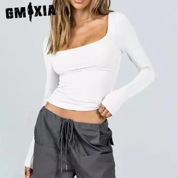 GMXIA Женские модные повседневные летние однотонные блузки и рубашки с квадратным воротником и длинными рукавами с принтом S абрикосовый