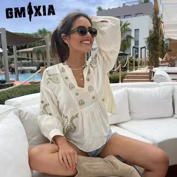 GMXIA женские модные повседневные летние однотонные блузки и рубашки с v-образным вырезом и длинными рукавами с принтом S