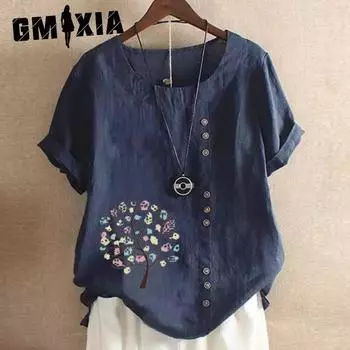 GMXIA Женские модные повседневные летние однотонные блузки и рубашки с короткими рукавами и круглым вырезом с принтом S белый