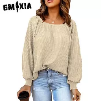 GMXIA женские модные повседневные летние однотонные блузки и рубашки с длинными рукавами и v-образным вырезом с принтом S чёрный