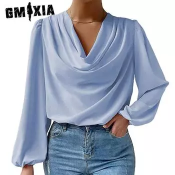 GMXIA женские модные повседневные летние однотонные блузки и рубашки с v-образным вырезом и длинными рукавами с принтом S белый
